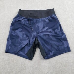 LULULEMON T.H.E. Linerless Short Mens Medium‎ Blue Camo Drawstring Gym Running